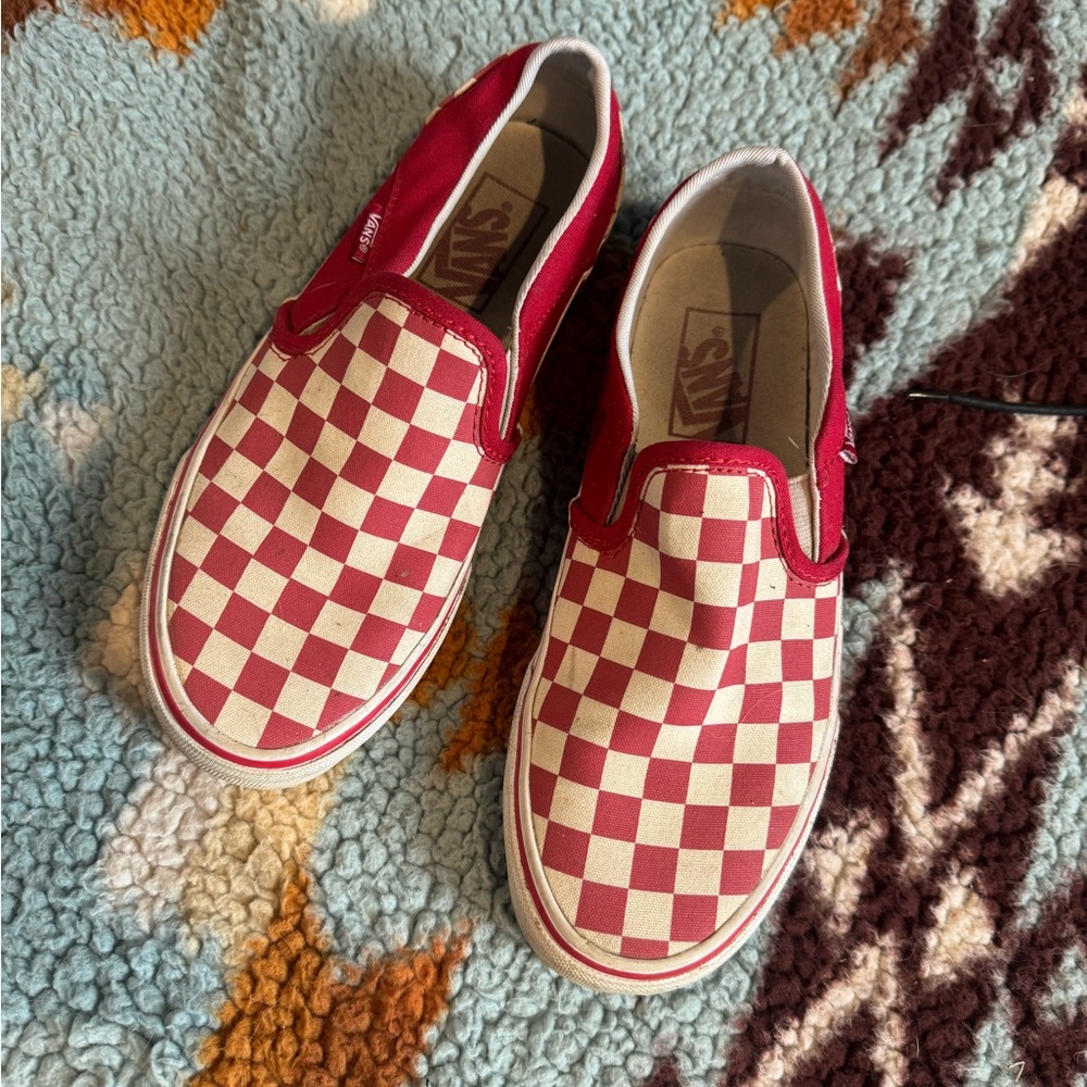 Vans red checkered slip on shoes